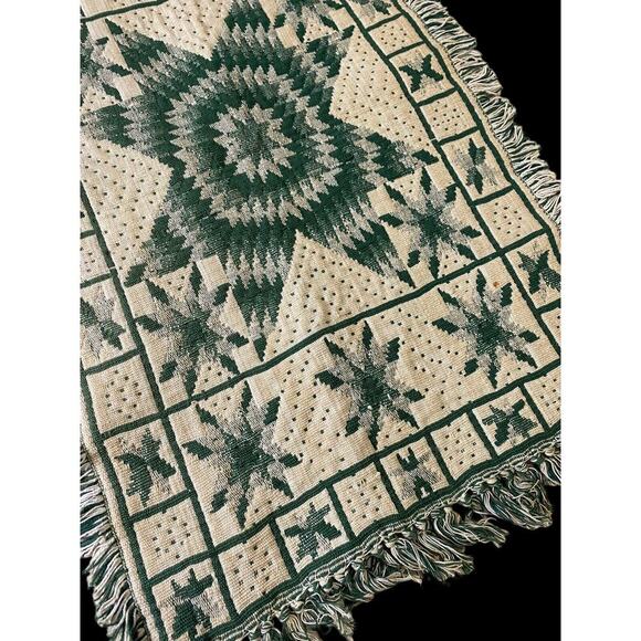 Green White Rug Scatter Dhurrie Star Quilt Pattern Amish Country Look 22"x38" - Picture 3 of 12